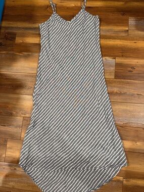 Artisan NY 100% Linen Striped Maxi Dress Blue White Coastal Minimalist hi low